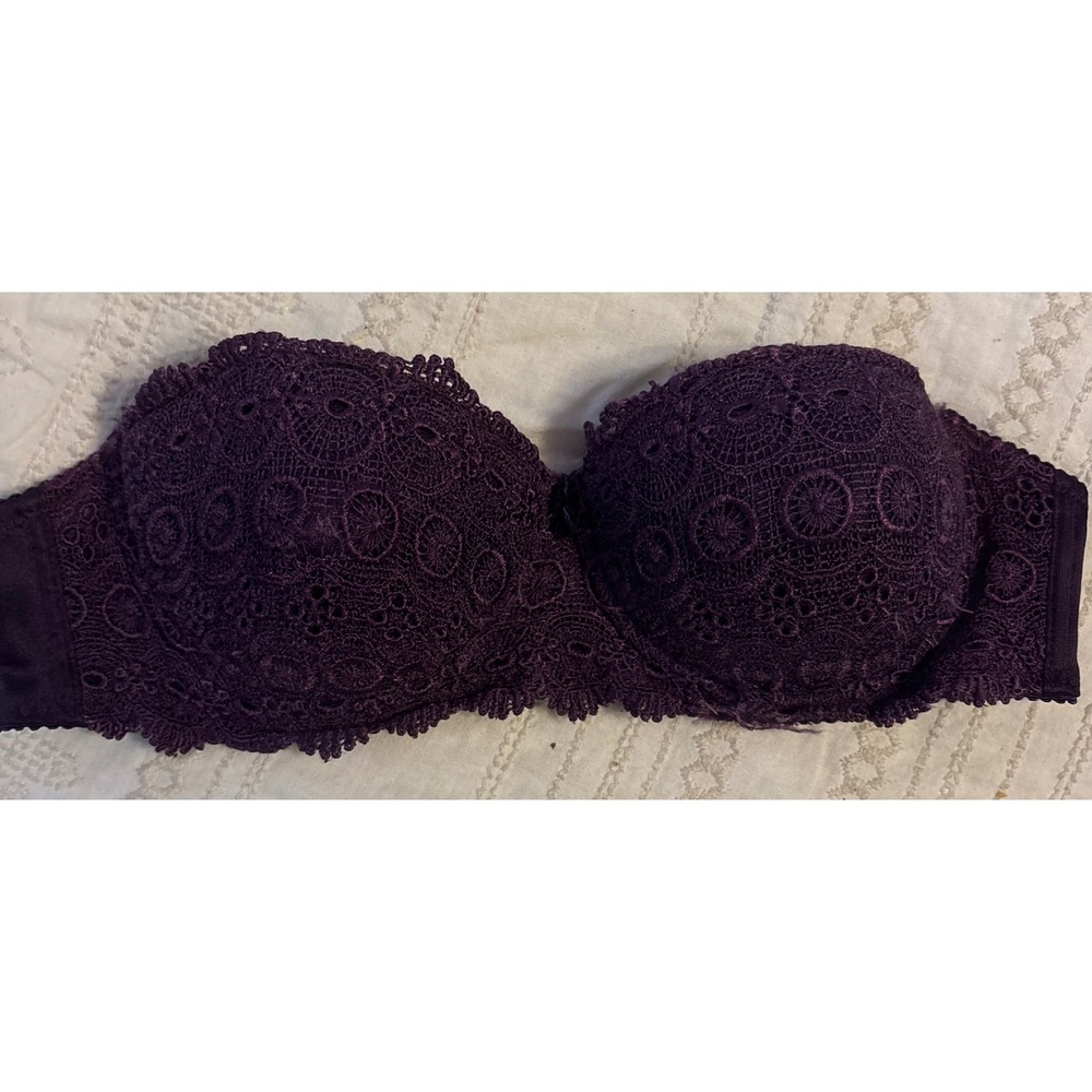 Native Intimates Dark Purple Lace Strapless Padded‎ Push-up Bra, Size 36B